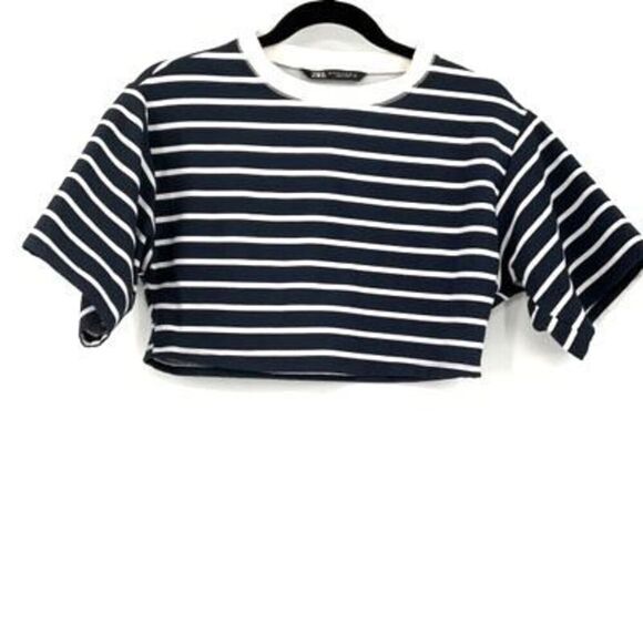Zara Black White Striped Crew Neck Pullover Crop Top Small - Picture 2 of 5